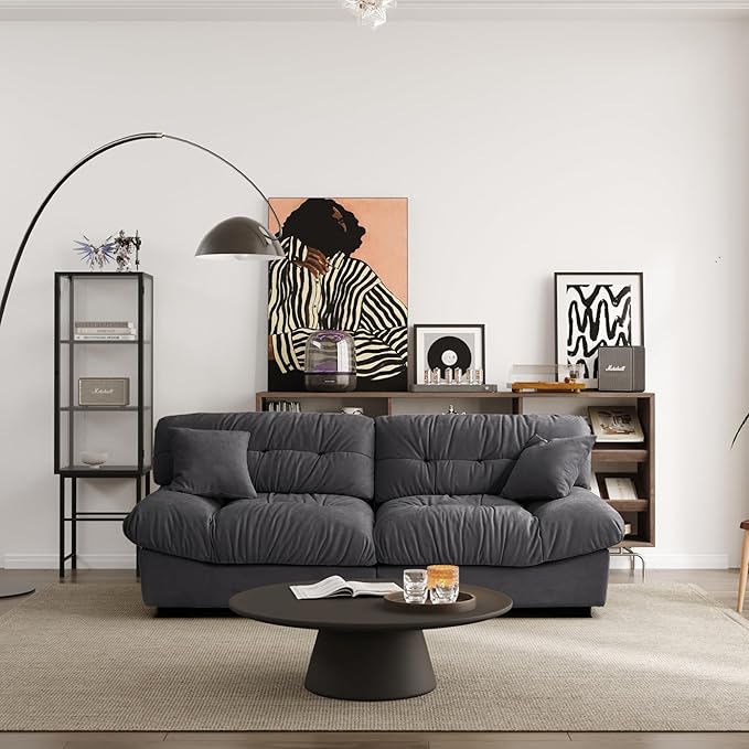 JACH 89 Oversized Deep Sectional Couch Minimalist Love Seat Couches Sectional Sofas with Thick Cushion Comfy Corduroy Sofa with Two Pillows for Living Room Apartment Office Grey