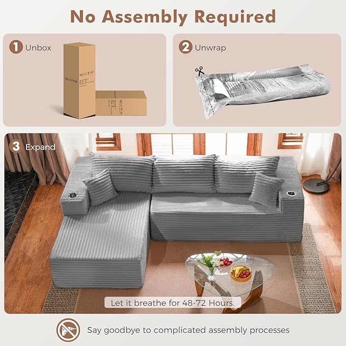 ELUCHANG Oversized 108” Boneless Couch Comfy Cloud Modular Sectional Sofa L-Shape Sofa with Chaise Memory Foam Upholstered Couch for Living Room Bedroom No Assembly Required Corduroy Grey