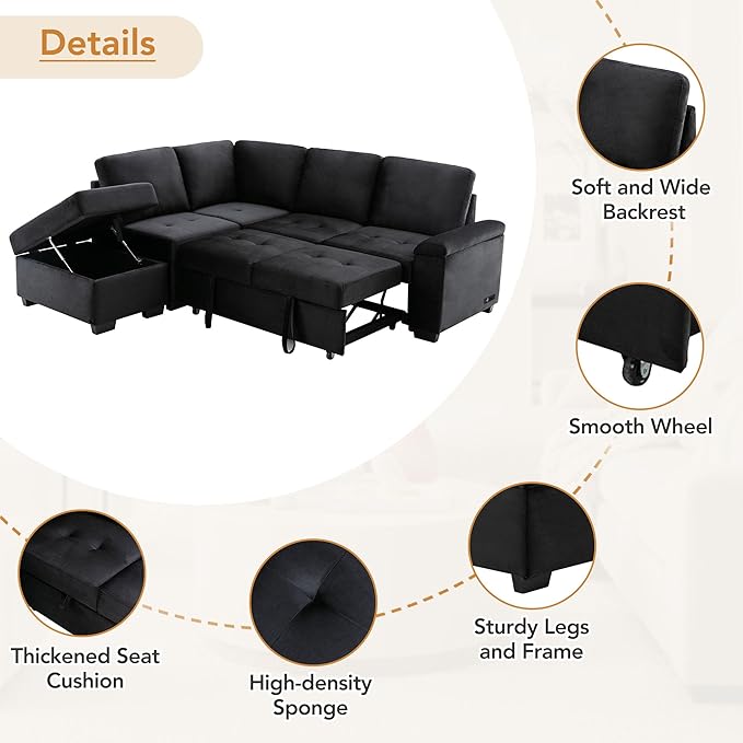Flieks L-Shape Sleeper Sectional Sofa Bed with Storage Ottoman &amp Hidden Arm Storage 85Inch Sectional Corner Couch Sofa-Bed for Living Room Apartment