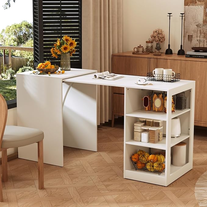 Folding Desk with Storage Computer Desk with 3-Tier Shelves for Compact Spaces Pull Out Writing Table for Home Office Bedroom Kitchen Living Room