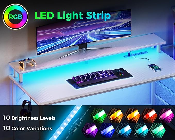 AODK 52 Inch Gaming Desk with USB Charging Ports &amp LED Light- Reversible Computer Desk with Storage Shelves &amp Monitor Stand Modern Gamer Desk Table with Fabric Drawers &amp Side Hook Carbon