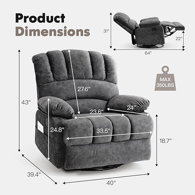 COOSLEEP Oversized Manual Swivel Rocker Recliner Chair Extra Wide Glider Rocker Recliner for Big and Tall Overstuffed Lazy Recliner Chair with High Back Single Sofa Chair for Living Room(Dark Gray)