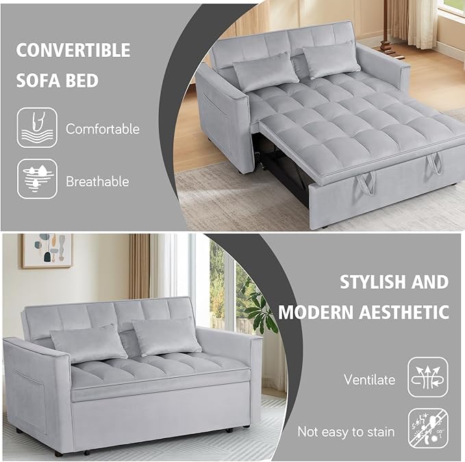 3 In 1 Velvet Convertible Sofa Bed Pull Out Couch Bed with Reclining Backrest And 2 Pillows 54 Full Size Loveseat Sleeper Sofa Futon Couch Beds Couches For Small Spaces Living Room (Silver Grey)