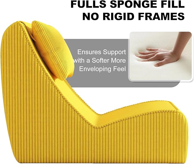 Giant Bean Bag Chair for AdultsCorduroy Chaise Lounge with Unrivaled Back Support Detachable Neck Pillow Comfortable Ottoman &amp Washable Cover for Living Room Bedroom Garden (Corn Yellow)