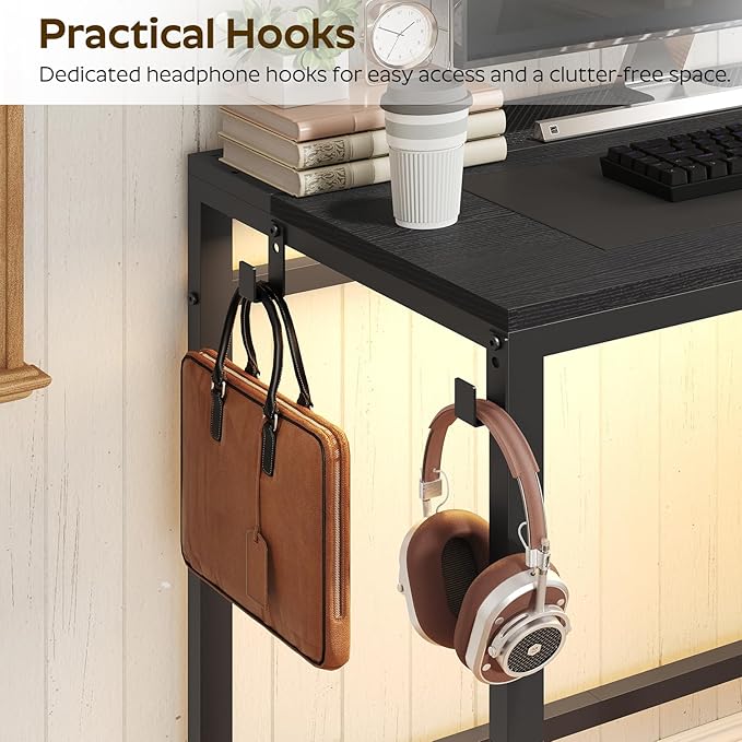 Computer Desk with LED Lights Gaming Desk with Storage Bag and Breathable Mesh Desktop Home Office Desk with Headphone Hook for Home Office Gaming Room Black and Gray DN07DBB
