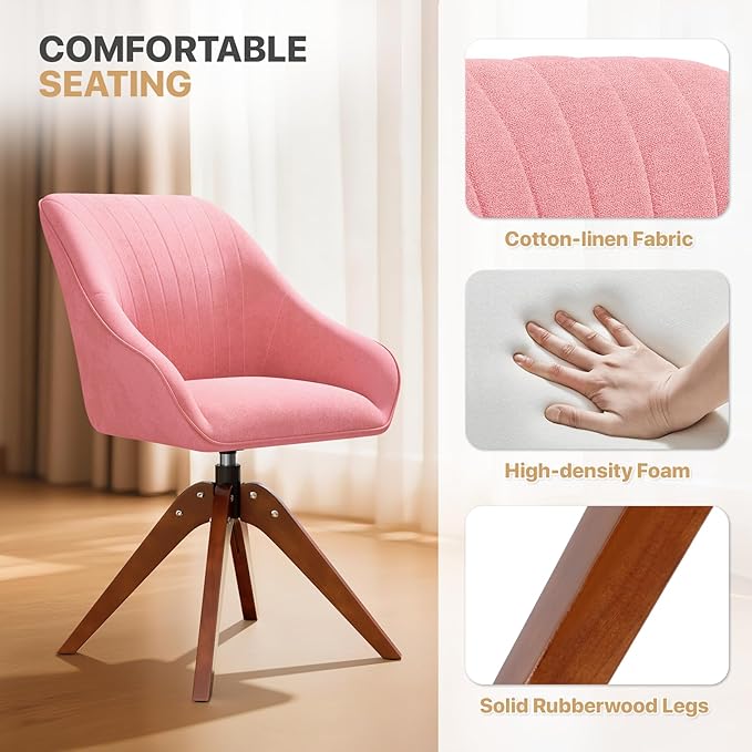 Magshion Mid Century Swivel Accent Chair Set of 2 360° Rotating Fabric Armchair with Oak Wood Legs Modern Reading Chair for Living Room Bedroom Office or Study Pink