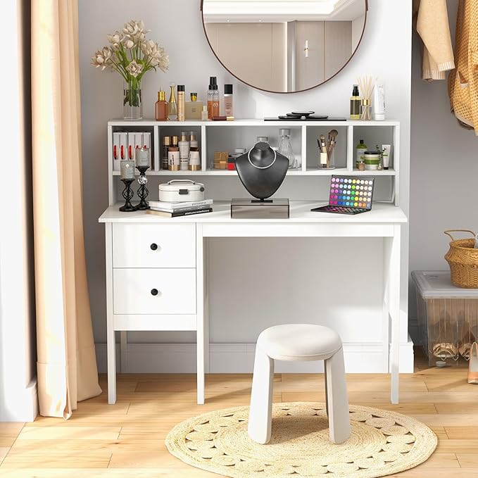 Giantex White Desk with Drawers &amp Hutch Home Office Desk with Charging Station 5 Storage Cubbies Makeup Vanity Table Modern Study Writing Desk PC Laptop Desks Computer Workstation for Bedroo
