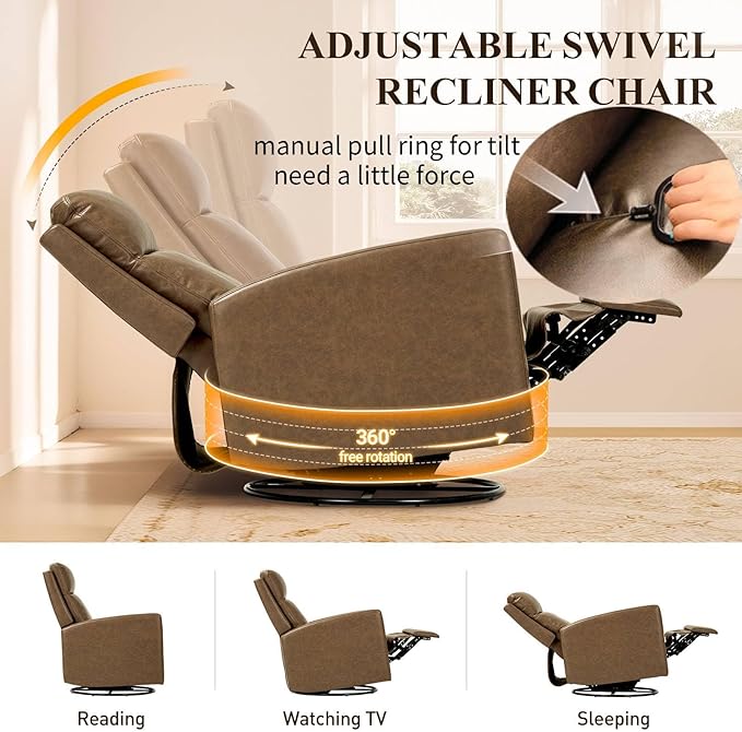 COLAMY Leather Recliner Chair for Adults Swivel Rocker Recliner for Small Spaces Wide Glider Rocking Nursery Chair with Ergonomic High Backrest for Home Living Room Office Bedroom（ Brown）