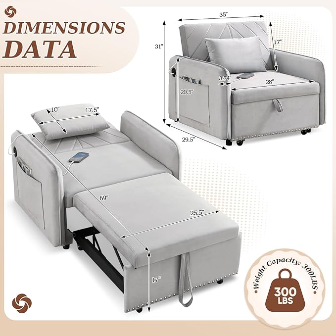 Convertible Sleeper Chair Bed3 in 1 Velvet Tufted Upholstered Single Sleeper Sofa with Adjustable Backrest&ampUSB PortPull Out Recliner Lounger Bed for Living RoomOfficeApartmentSmall Space(Grey