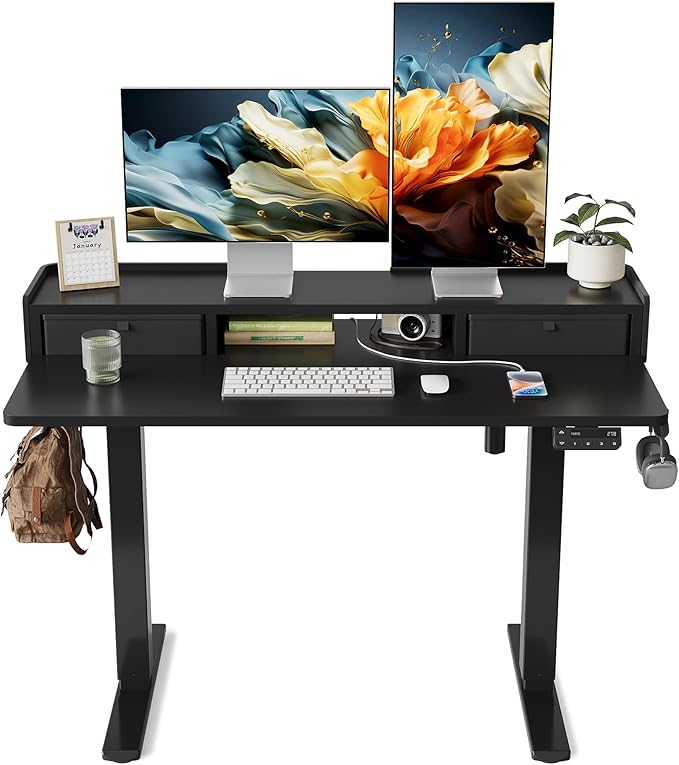 YIHAYO Electric Standing Desk with Drawers 48 x 24 Inches Adjustable Desk with Storage Shelf Stand Up Desk with Splice Board Computer Table for Home Office Black Frame/Black Top