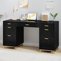 Black Computer Desk with 7 Drawers 57 Inch Home Office Desk with File Drawers Wood Modern Desk with Storage for Bedroom Executive Desk with Golden Legs and Handles Black and Gold