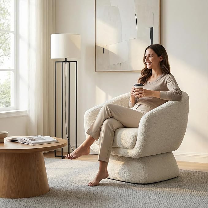 Modern Oversized 360° Boucle Swivel Barrel Chair with ArmrestsComfy Accent Lounge Chair for Living RoomBedroomApartmentSmall SpaceOffice (White)