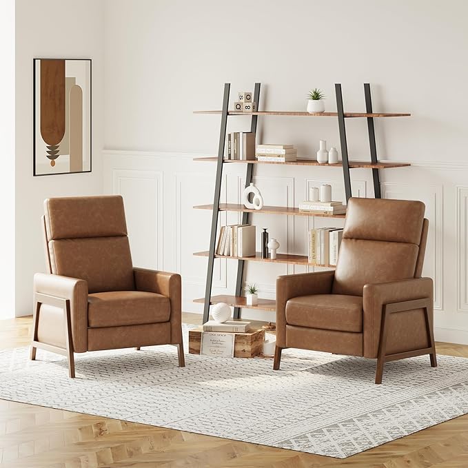 COLAMY Push Back Recliner Chair Set of 2 Upholstered Leather Recliner with Footrest 105-135 Degree Adjustable Comfy Modern Wingback Recliner for Living Room BedroomSmall Spaces Cocoa