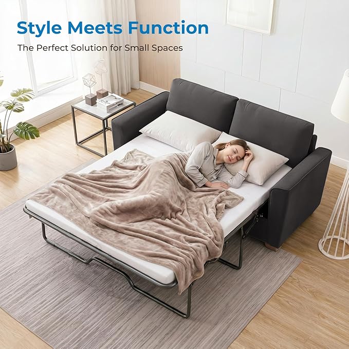 Mjkone 77 W Queen Size Pull Out Sofa Bed 2-in-1 Convertible Velvet Loveseat Sleeper Sofas Couch with Pull Out Couch Bed Folding Sofa Sleepers with Mattress for Living Room Apartment Dark Grey