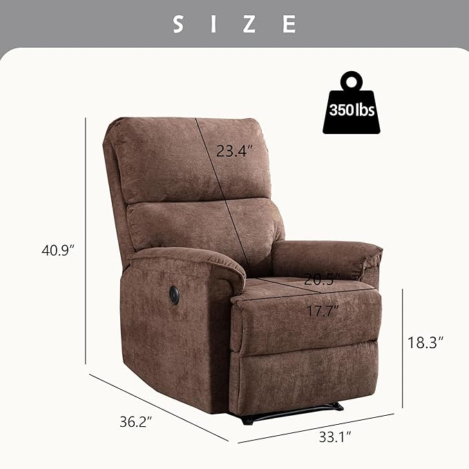 EBELLO Power Recliner Chair Electric Recliner Breathable Fabric Single Overstuffed Recliner Sofa with USB Charge Port for Elderly Living Room Bedroom Brown
