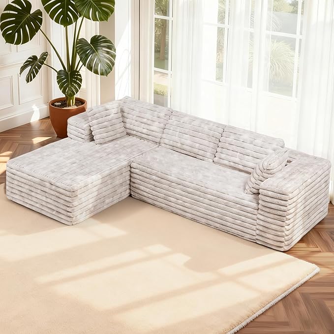 LUCKLIFE 105” Sectional Boneless Couch Modular Cloud Corduroy Fabric Sofa for Living Room Bedroom with Deep Seat Wide Arms and High-Density Foam No Assembly (GB L Shape with Left Facing Chaise)