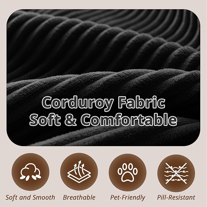 108 L-Shaped Boneless Couch Modular Sectional Sofa with Moveable Ottoman Corduroy Cloud Couches for Living Room No Assembly Ship in a Box Black