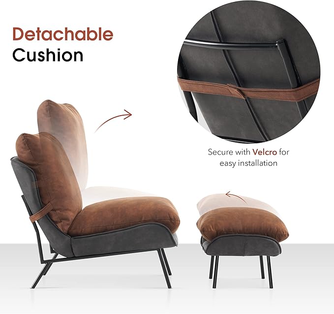 MCombo Modern Accent Chair with Ottoman Leathaire Fabric Armless Chair Upholstered Leisure Chairs for Small Space Living Room &amp Bedroom LW951 (Saddle)