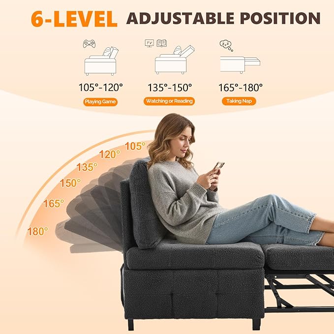 VINGLI Convertible Single Sofa Bed Tufted Teddy Fleece Sleeper Chair Bed Armless Living Room Chair Chaise Lounge with Adjustable Backrest Pull Out Couch Bed for Small Spaces (Dark Grey) | Armless Sofa
