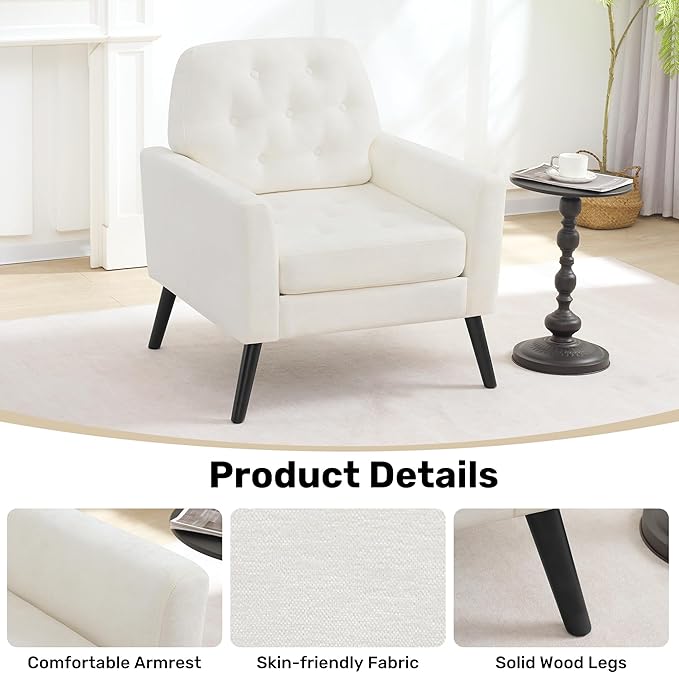 Accent Chair Set of 2 Mid Century Modern Living Room Chairs Upholstered Armchair with Tufted Back &amp Wood Legs Single Sofa Reading Side Chair for Bedroom Office Waiting Room White
