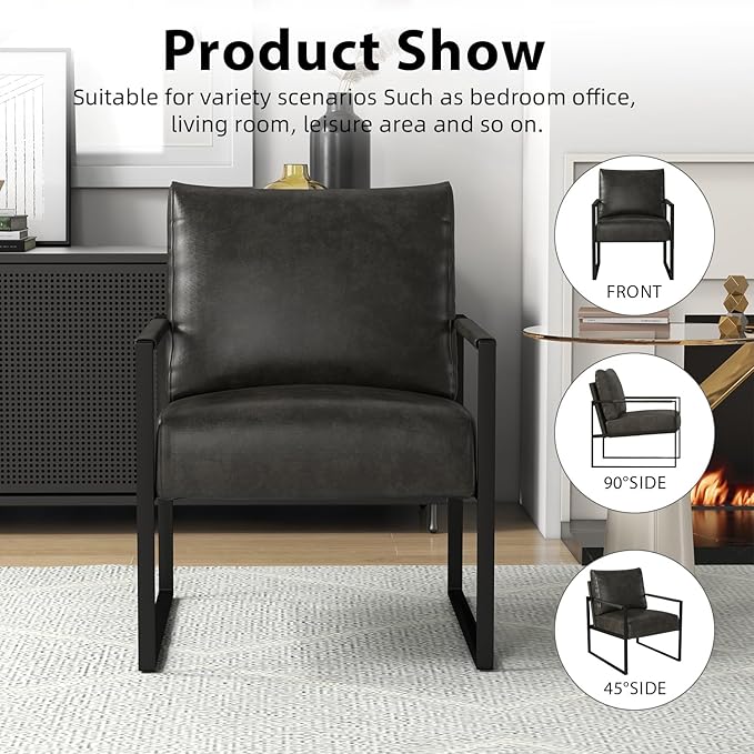 INZOY Leather Accent Chair with Metal Frame Comfy Living Room Chair with Plump Cushion and Backrest Mid Century Modern Chair with Sturdy Structure Easy to Clean Dark Grey