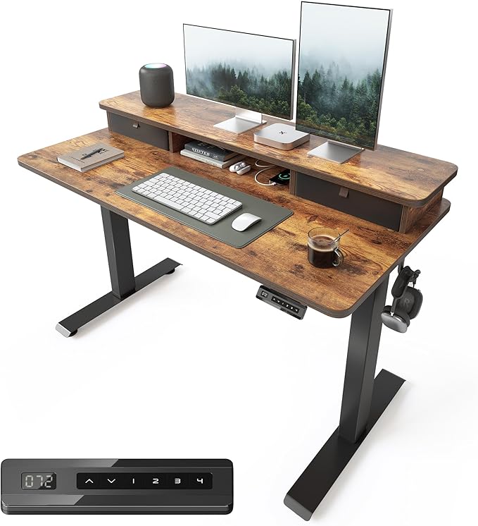 FEZIBO 48 x 24 Inch Height Adjustable Electric Standing Desk with Double Drawer Stand Up Table with Storage Shelf Sit Stand Desk Rustic Brown