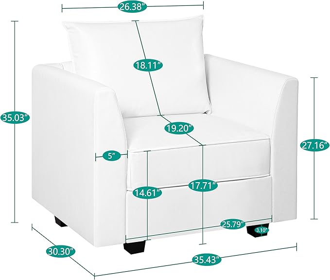 Naomi Home Elizabeth Modern Modular DIY Collection - Air Leather Armchair with Sturdy Wooden Frame - Versatile &amp Stylish Accent Chair for Living Room Bedroom or Small Spaces White