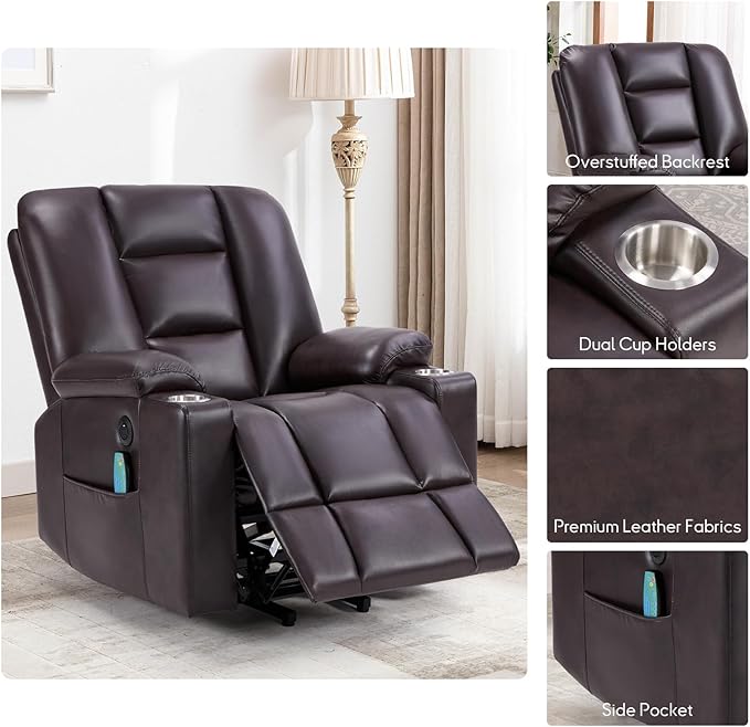 Bonzy Home Power Lift Chair with Heat and Massage Faux Leather Lift Recliner Chair for Adults Elderly Upholstered Recliner with 2 Cup Holders Side Pocket USB and Type-c Port Brown