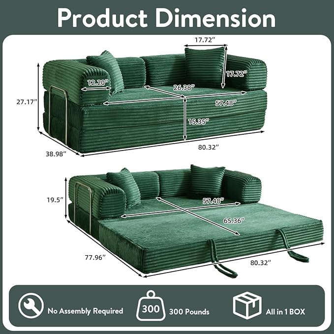 81 Inch Convertible Folding Sofa BedFold Out Floor Sofa Couch with Fixed-Shape FrameCorduroy Foldable Mattress Cloud Couch for Living Room Bedroom (Green)
