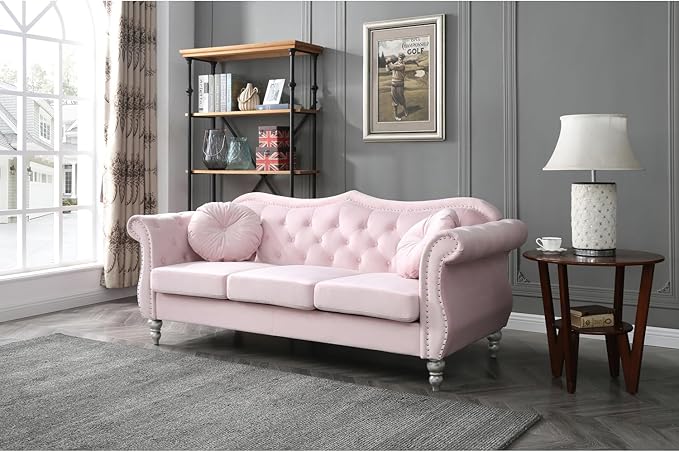 Maykoosh Velvet Sectional Sofa Tufted Living Room Couch Ruched Arm Style - 82 Wide Pink