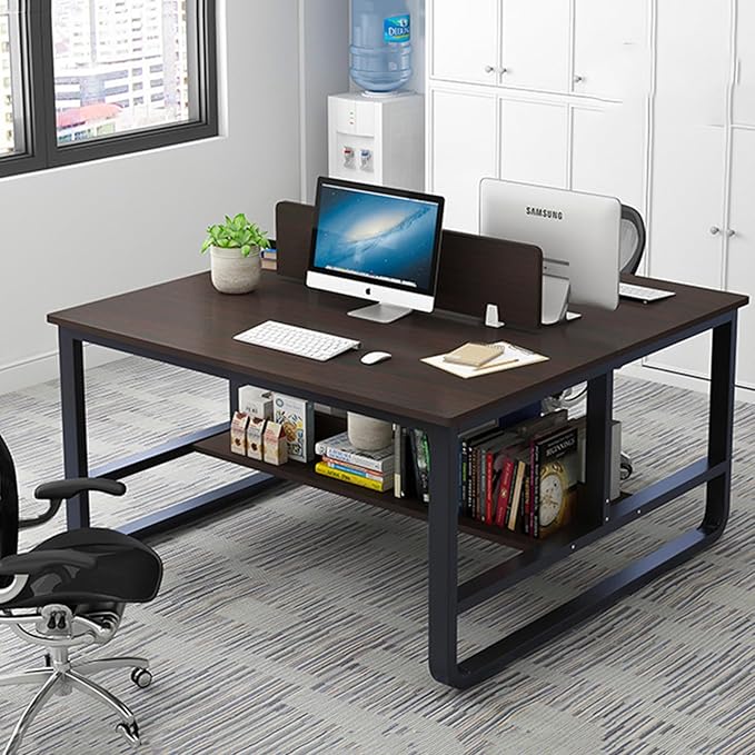 47 Inch Double Desk with Partition &amp Shelves Two Person Computer Desk Workstation for Home Office