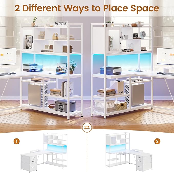 SEDETA L Shaped Computer Desk 58'' Office Desk with 3 Drawers and Bookshelf L Shaped Corner Desk with Storage Shelves and LED Light for Home Office Gaming Desk L Desk White