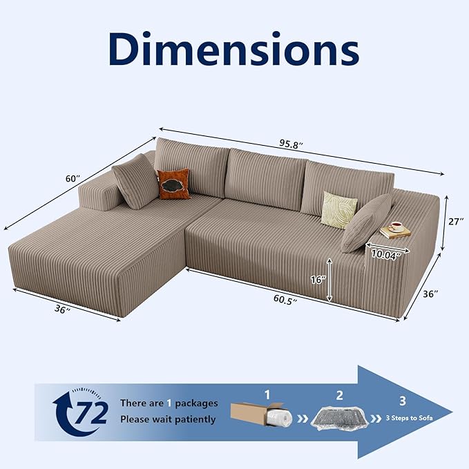 Modular Sectional Sofa Cloud Sectional Couch 96 Comfy Fluffy L-Shaped Couches for Living Room Deep Seat Memory Foam Plush Corduroy Boneless Couch Sectionals No Assembly (CamelLeft-Facing Chaise)