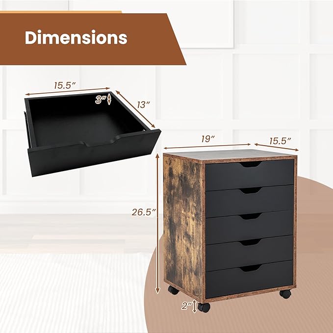 5 Drawers File Cabinet Vertical Filing for Home Office Mobile Under Desk Storage With Wheels Modern Chest of Drawers for Bedroom (Rustic Brown)
