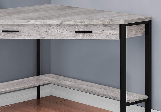 Pemberly Row Corner Computer Desk 42 in Reclaimed Wood Gray and Black Finish Metal Frame 1 Drawer and Bottom Shelf Traditional Style Home Office Writing Desk for Laptop/Tablet Workstation Use
