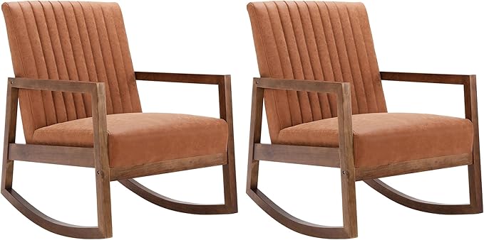VESCASA Upholstered Faux Leather Rocking Chairs with Channel-Tufted Back Mid-Century Modern Comfy Rockers with Black Walnut Wood Frame for Nursery Living Bedroom Indoor Set of 2 Burnt Orange