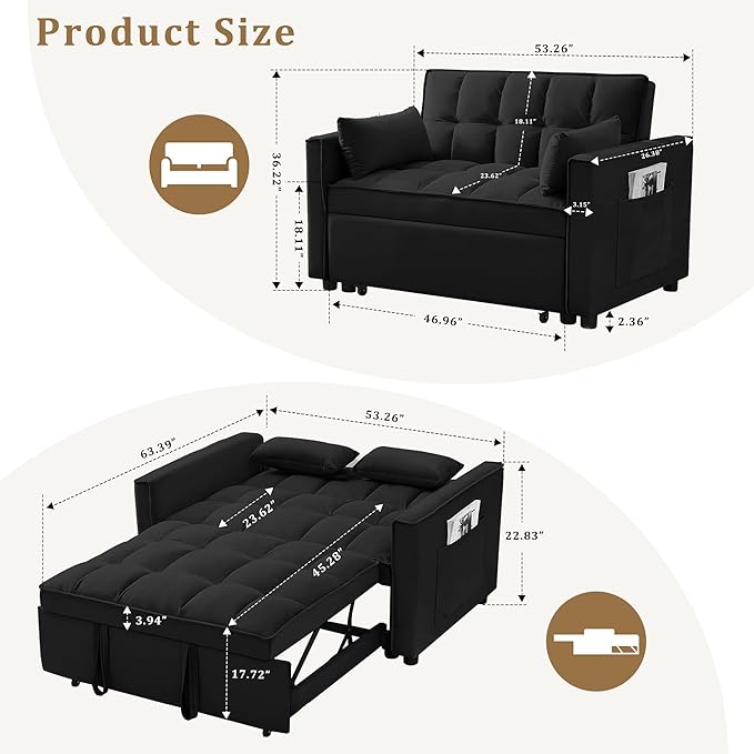55’’ Sleeper Sofa Couch with Pullout Bed 3-in-1 Convertible Button Tufted Upholstered Futon Loveseat Sofa Bed with Side Pockets and Pillows for Small Place Living Room Apartment (Black)