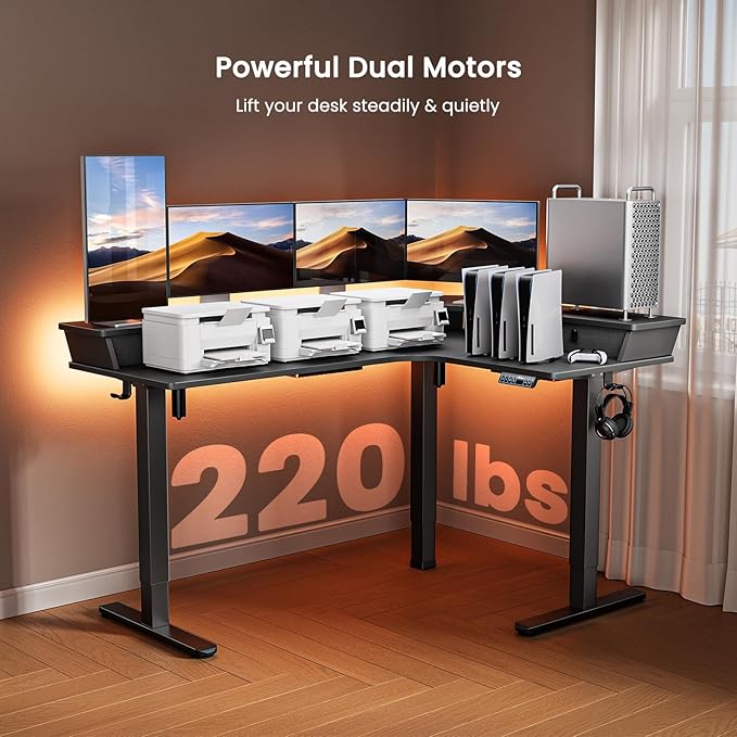 ErGear Electric L Shaped Standing Desk 65'' Height Adjustable Corner Stand up Desk with Storage Drawers &amp Cable Management Trays Modern Home Office Computer Workstation Black