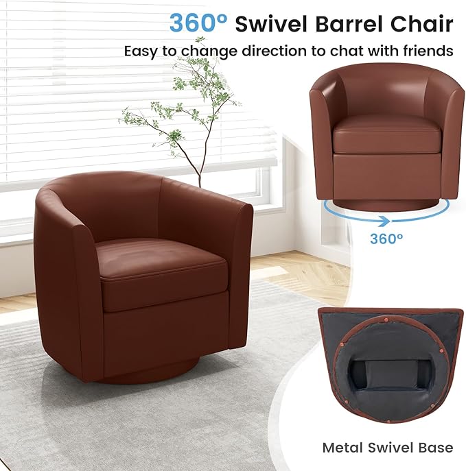 Giantex Swivel Small Accent Chair with Ottoman Modern Faux Leather Barrel Club Chair w/Footrest Removable Seat Cushion Swivel Single Sofa Arm Chair for Living Room Bedroom Office (Brown)