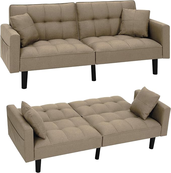 AVAWING Futon Sofa Bed Modern Linen Fabric Convertible Upholstered Couch with Adjustable Back Arms and High Strength Nylon Legs for Living Room Apartment Office (Khaki)