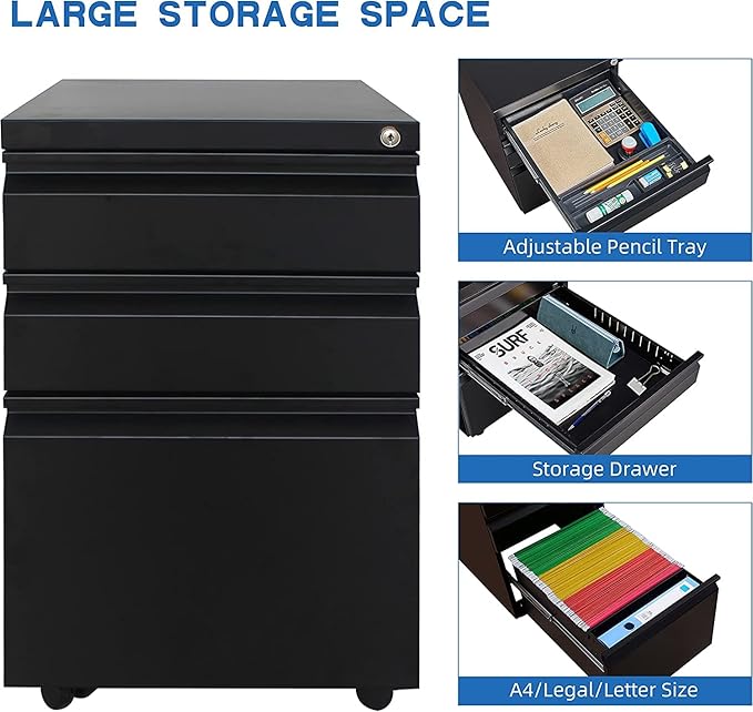 Anwick 3 Drawer Mobile File Cabinet Under Desk Fully Assembled Except Casters fits Letter/Legal/A4 Size for Home Office (Black 3-Drawer)