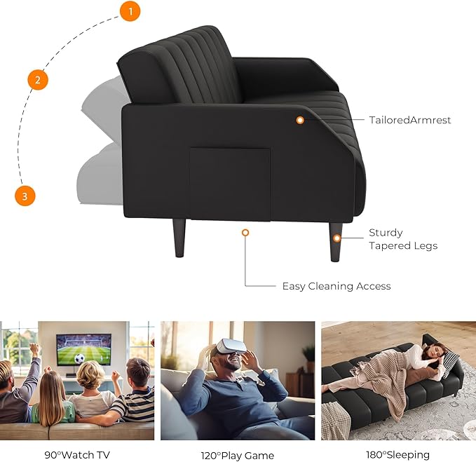 Fadware Faux Leather Couch Convertible Futon Sofa Bed with Adjustable Backrest Mid Century Leather Sofa Loveseat with Side Pockets&amp Metal Leg Modern Leather Sleeper Sofa for Living Room Bedroom