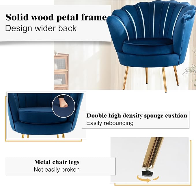 DAGONHIL Mid Century Modern Upholstered Accent ChairRetro Leisure Velvet Single Sofa with Golden Metal Legs for Living Room/Bedroom(Navy Blue)
