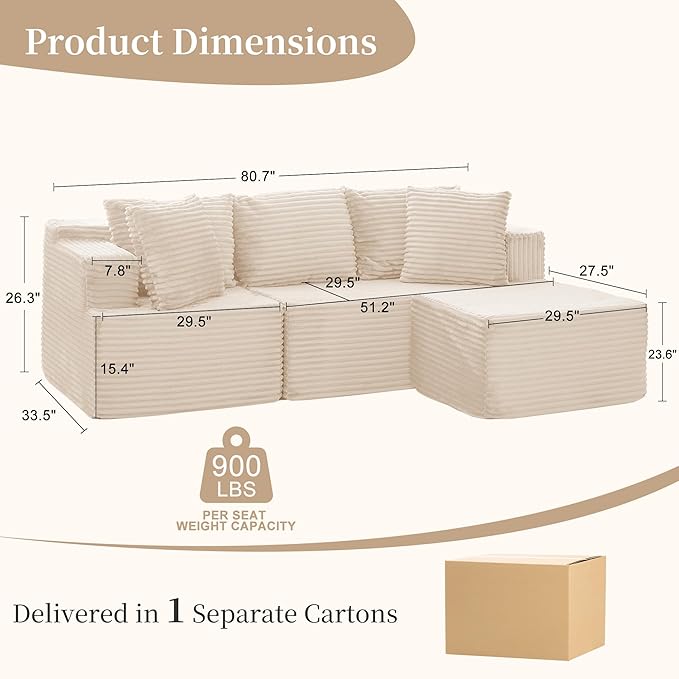 80 Cloud Modular Sectional Sofa with L-Shaped Boneless Couches for Living Room Fluffy Comfy Corduroy Deep Seat with Ottoman Bedroom Apartment No Assembly Required