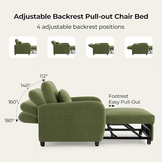 CHITA Sleeper Chair 3-in-1 Pull Out Convertible Single Sofa Bed with Adjustable Backrest Chenille Chaise Lounge Chair for Living Room Bedroom &amp Apartment Moss