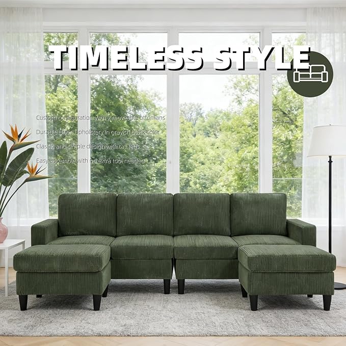 101 L-Shape Modular Sectional Couch Convertible Corduroy Couch with 2 Ottomans Modern 4 Seater Upholstered Modular Sectional Sofa for Apartment Living Room Dark Green