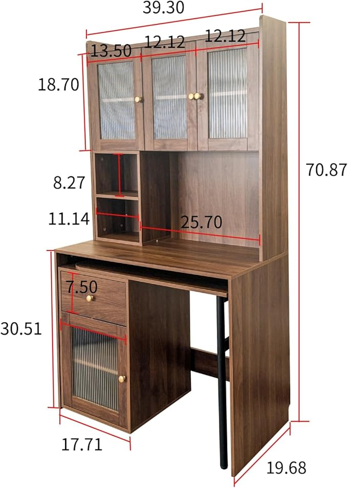 KEIKI L Shaped Home Office Desks with 90° Rotating Retractable Desktop Glass Door Hutch Drawers Bookshelf &amp Storage Shelves Modern Gaming Computer Corner Table for Work Study Writing Walnu