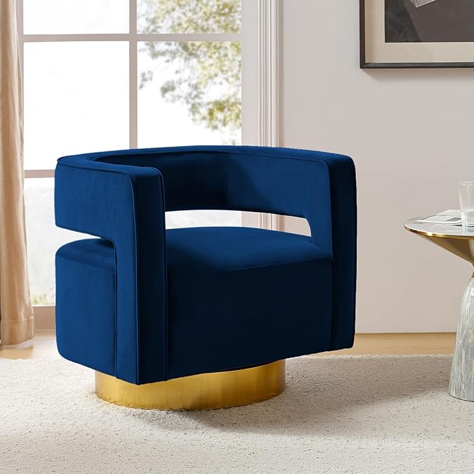 TINA'S HOME Swivel Accent Barrel Chair Modern Velvet Armchair with 3D Curved Open Back &amp Swivel Gold Metal Base Upholstered Club Chair for Living Room Bedroom Nursery Navy(No Assembly Required)