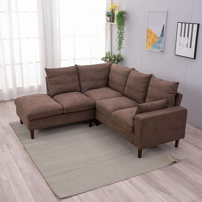Panana 5 and 6 Seater Convertible Sectional Sofa CouchL-Shape with Universal Corner and Bulit-in USB Charging Port Chaise (Brown Linen Fabric 5 Seater Corner with Built-in USB Port Chaise)