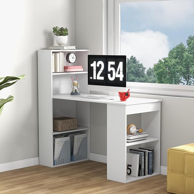 Giantex 48 Inch Computer Desk with Bookshelf 3-in-1 Home Office Desk with 4-Tier Bookcase &amp CPU Stand Space-Saving Reversible Writing Desk Work Table for Bedroom Study Room Office (White)